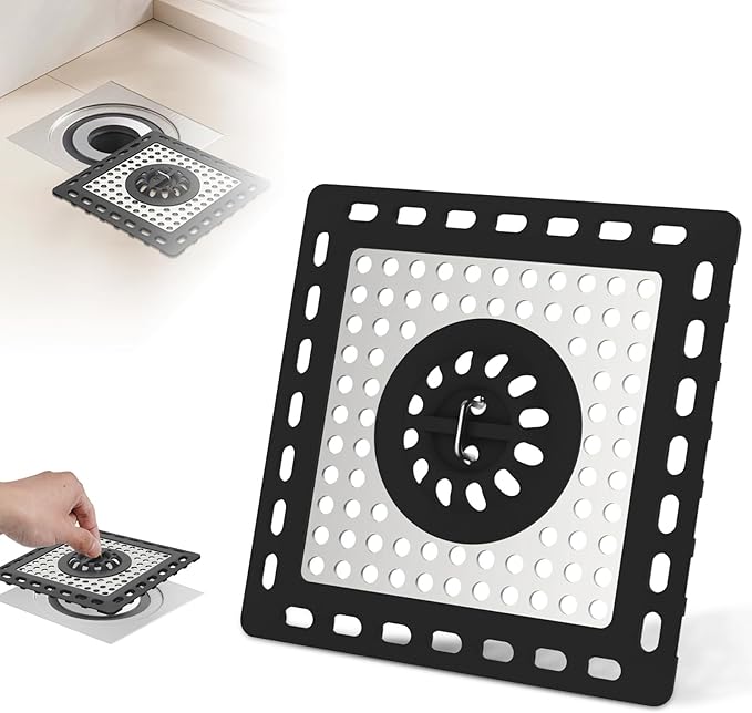 Hibbent Upgraded Shower Drain Hair Catcher, Shower Drain Cover for Bathroom Floor 4" Drain, Anti-Clogging Bathtub Drain Strainer, Stainless Steel Kitchen Sink Drain Strainer with Handle, Black