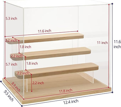 Choowin 4 Tier Clear Acrylic Display Case for Collectibles, Mini Figures, Pop Mart, Labubu, Sonny Angel, Smiski - Assemble Dustproof Acrylic Display Box with Door, Stand (Wood Base Step)