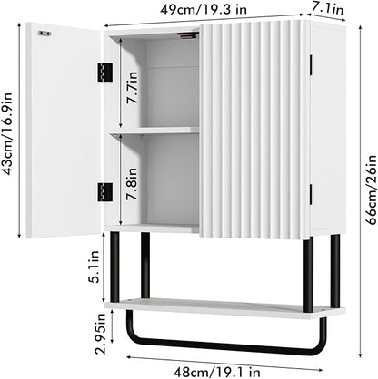RUSTOWN Fluted Bathroom Wall Cabinet with 2 Doors, 3-Tier Modern Farmhouse Medicine Cabinet, Over The Toilet Storage Cabinet with Adjustable Shelf and Towel Bar (White, Medium)