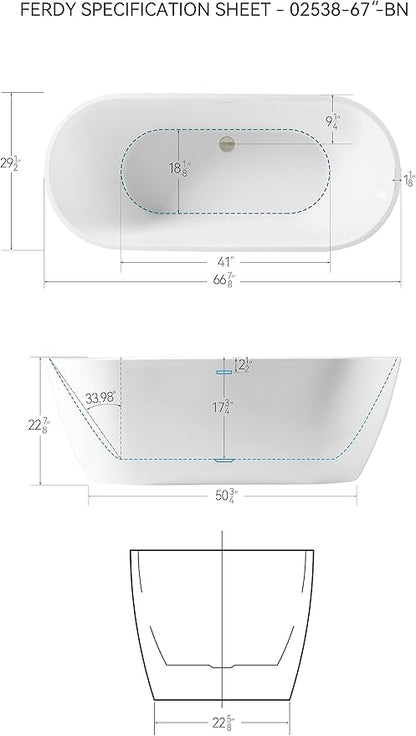 FerdY 67" Bali Acrylic Freestanding Bathtub, Gracefully Shaped Freestanding Soaking Bathtub, cUPC Certified, Toe-Tap Brushed Nickel Drain and Minimalist Linear Design Overflow Included
