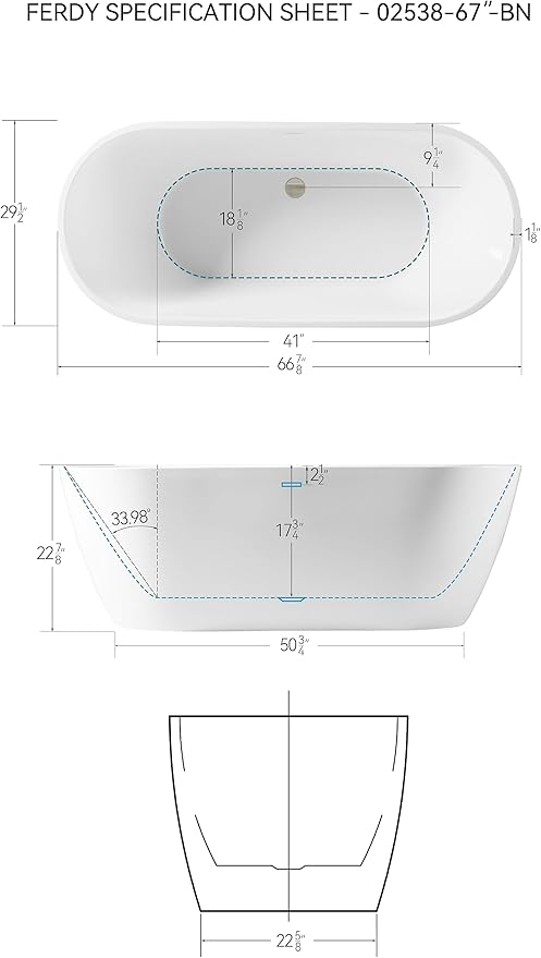 FerdY 67" Bali Acrylic Freestanding Bathtub, Gracefully Shaped Freestanding Soaking Bathtub, cUPC Certified, Toe-Tap Matte Black Drain and Minimalist Linear Design Overflow Included