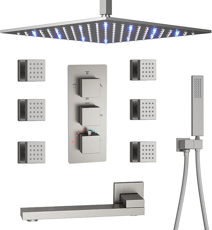 Brushed Nickel Shower Faucet Set Thermostatic Shower System, 4 Way Shower Faucet with 12 inch Ceiling Mount Shower Head, 6 PCS Body and Tub Spout, Handheld Spray