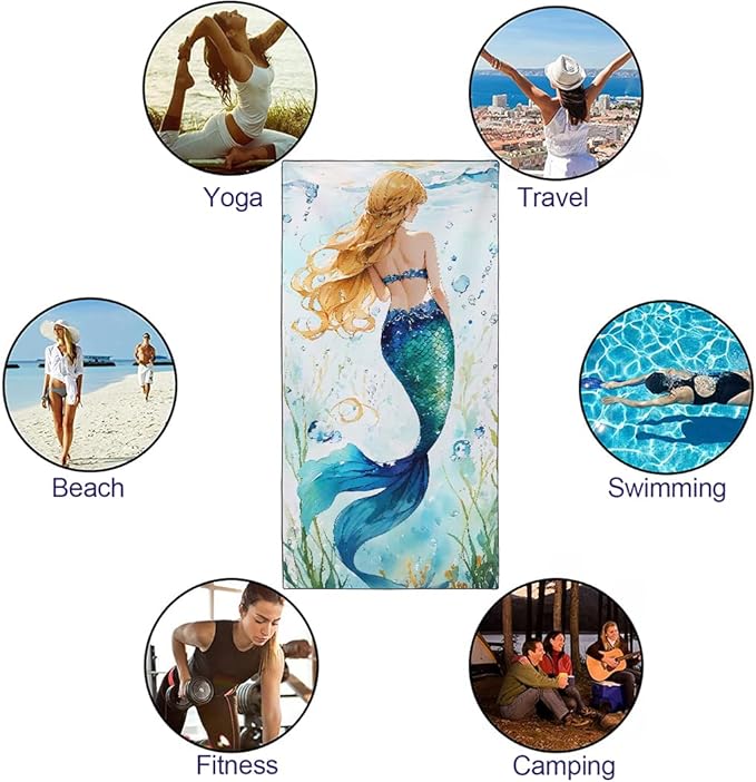 Blue-Green Scallop Mermaid Tail Beach Towel 36"x72" Golden Highlights Quick Dry Microfiber Swim Gear