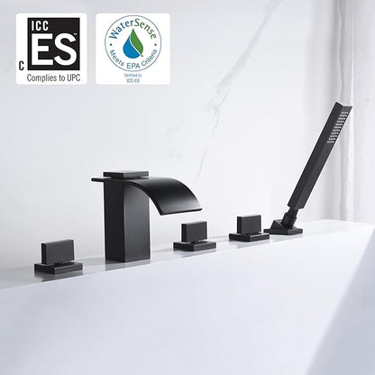 Waterfall Roman Tub Faucet Matte Black Deck Mount Bath Tub Filler with Hand Shower,High Flow,SUMERAIN