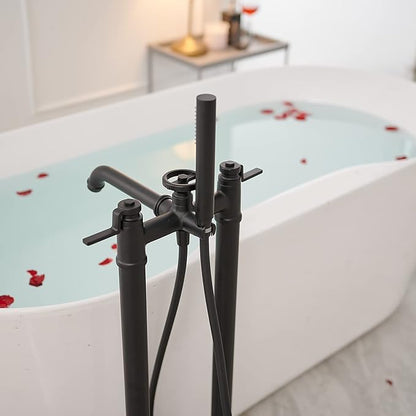 Freestanding Bathtub Faucet Matte Black Floor Mount Tub Filler with Handheld Shower Two Handle High Flow Rate Mixer Tap Bathroom Tub Faucet