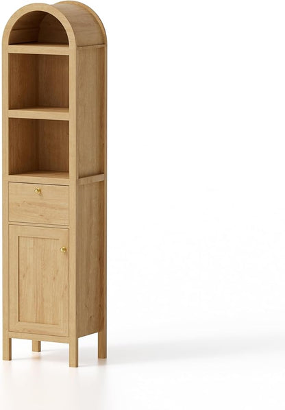 67" Tall Arched Bathroom Narrow Storage Cabinet with Adjustable Shelf, Farmhouse Freestanding Tower Cabinet with Door and Drawer, Space Saving Organizer for Kitchen, Living Room, Natural Oak
