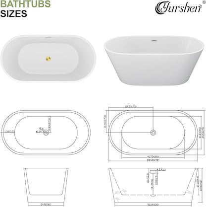 59 Inch Freestanding Acrylic Bathtub White Roll Top Soaking Tub with Gold Drain Glossy Finish for Elegant Bathroom Style, YSB9220