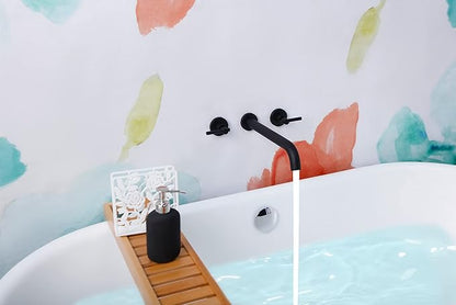Wall Mount Tub Filler,Two Handle Bathtub Faucet, Extra Long Spout Reach with High Water Flow, Brass Rough in Valve Included,Matte Black