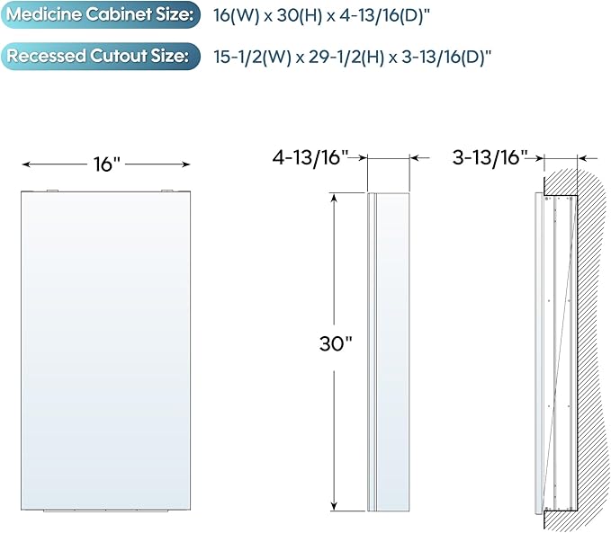 WELLFOR 16" x 30" Bathroom Medicine Cabinet, Anodized Chrome Aluminum Frame, Medicine Cabinet with Adjustable Glass Shelves, Bathroom Cabinet with Reverse Door Installation, Surface or Recessed Mount