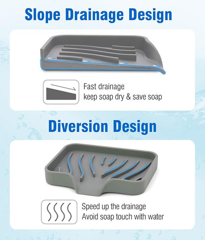 3-Pack Silicone Soap Dish Set – Bar Soap Holder with Self-Draining Design, Easy-Clean Tray for Shower, Bathroom, Kitchen, and Tub (Gray)