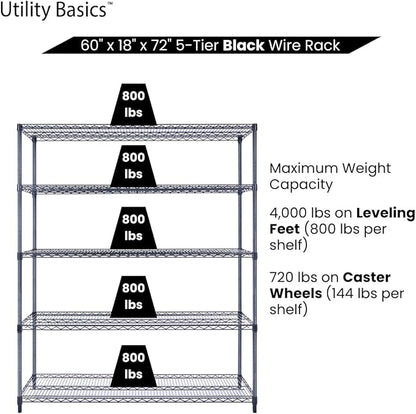 NSF Commercial 5-Tier Wire Shelving with Wheels, 60"x18"x72" Heavy Duty Metal Shelves 4000 lbs Max Capacity, Black Storage Rack for Garage Kitchen Pantry Warehouse