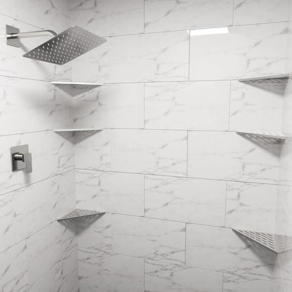 POPFLY 10" Silver Stainless Steel Corner Shower Shelf 2PCS, 304 SS Recessed Bathroom Shelves for Tile Walls, No Drilling Needed, Floating Shower Caddy with Drainage Slots, PF7501L