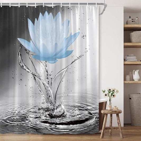 Lotus Shower Curtain Black White Grey Blue Flower Elegant Blooming Floral with Dew Spring Flower Reflection on Water Modern Romantic Polyester Fabric Bathroom Decor 70×96 Inch with Hook