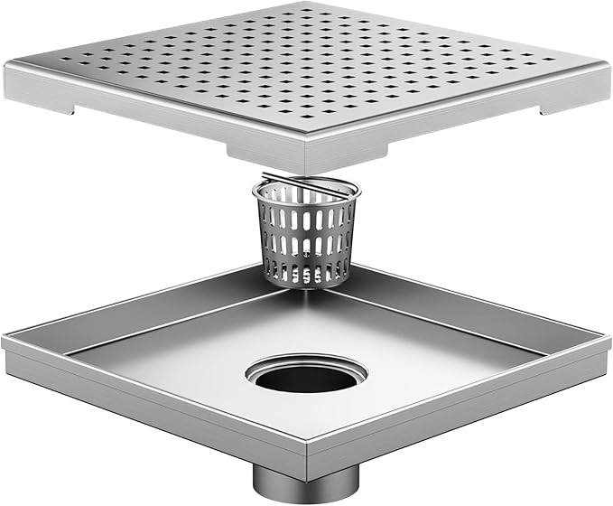 Neodrain 8-Inch Square Shower Drain with Removable Quadrato Pattern Grate, Brushed 304 Stainless Steel Square Drain with Stainless Hair Strainer,CUPC Certified.