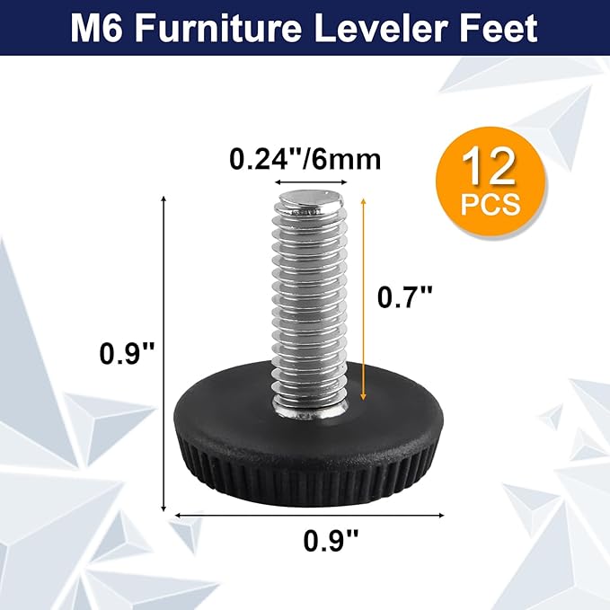 M6 Thread Levelers, 12 PCS Adjustable Furniture Feet, Screw in Leveling Feet for Table, Cabinets, Chairs, Stool Legs
