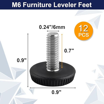 M6 Thread Levelers, 12 PCS Adjustable Furniture Feet, Screw in Leveling Feet for Table, Cabinets, Chairs, Stool Legs