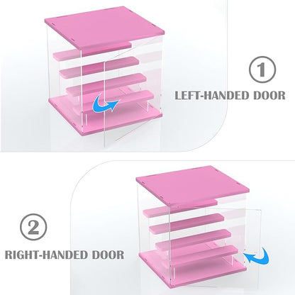 Choowin 5 Tier Clear Acrylic Lighted Display Case for Collectibles, Mini Figures, Pop Mart, Labubu, Sonny Angel, Smiski - Assemble Dustproof Display Box with Door, Stand (Pink Top Base, Clear Step)