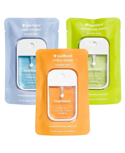 Touchland Hydrating Hand Sanitizer Spray, FRESH Trio Set (Mint, Citrus, Lemon Lime), 1 FL. OZ. Travel Size Power Mist Sprays (Set of 3)