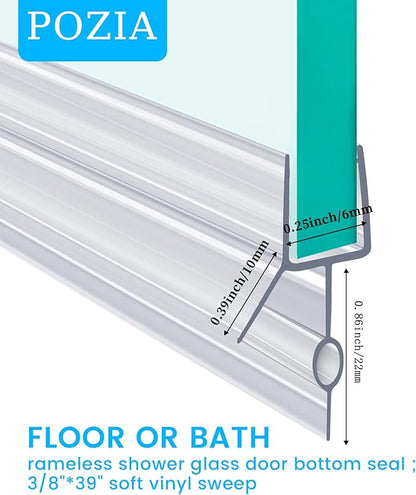 POZIA Clear Frameless Glass Shower Door Bottom Seal | Shower Door Sweep for Leak-Proof, Quick Installation to Create Reliable Water Barrier (1PACK-1/4in-22mm Gap)