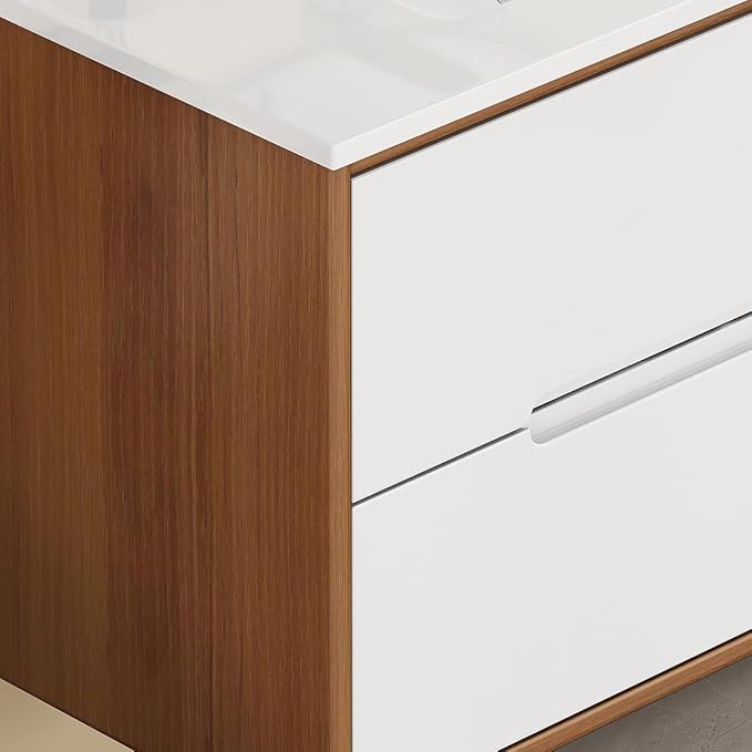 32" Wall Mounted Bathroom Vanity with Sink, Modern Floating Cabinet, Two-Tone Walnut & White Finish, 2 Soft Close Drawers, Handleless Design, Integrated Ceramic Top