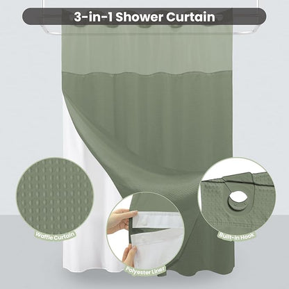 Inhousolu Stall No Hook Shower Curtain with Snap in Fabric Liner Set Waffle Weave 230GSM Weighted Hem, Waterproof & Washable Bathroom Curtain Spa Luxury with Mesh Top Window 60" W x 72" L Sage Green