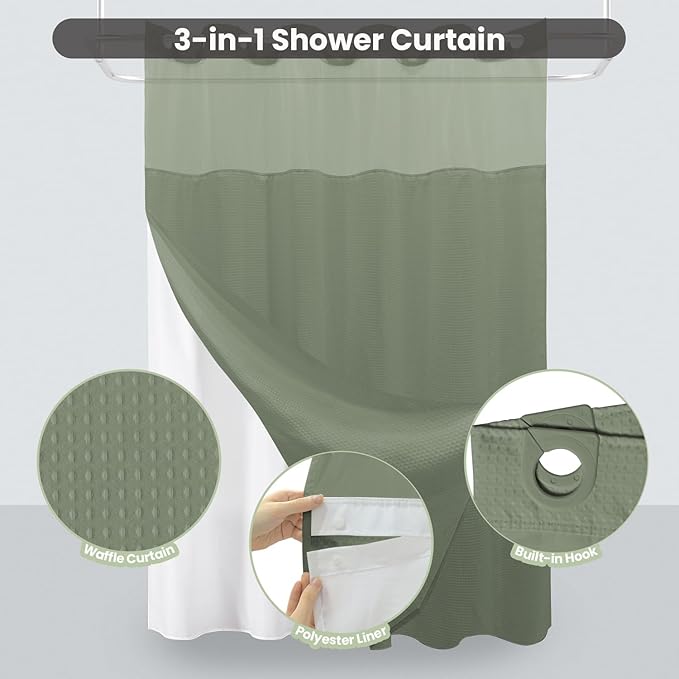 Inhousolu No Hook Shower Curtain with Snap in Fabric Liner Set Waffle Weave 230GSM Weighted Hem, Waterproof & Washable Bathroom Curtain Spa Luxury with Mesh Top Window 72" W x 72" L Sage Green