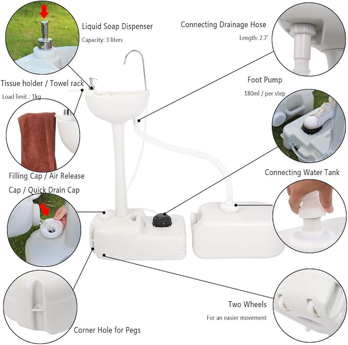 VINGLI Portable Hand Sink with 24L Recovery Tank, 5 Gal Self-contained Hand Wash Basin for Camping/RV/Garden/Outdoor Events/Gatherings, Lightweight & Detachable