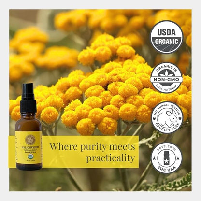 Silk Road Organic Helichrysum Italicum Essential Oil Spray, 100% Pure USDA Certified Aromatherapy for Skin Vitality & Anti-Aging – 1 Oz Spray - Always Pure, Always Organic