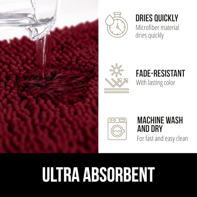 GORILLA GRIP Bath Rug Mat 30x20, Soft Absorbent Chenille, Quick Dry Microfiber Mats, Rubber Backing Washable Shower Floor Rugs, Bathmat Runner, US Designed Bathroom Home Decor Accessories Burgundy