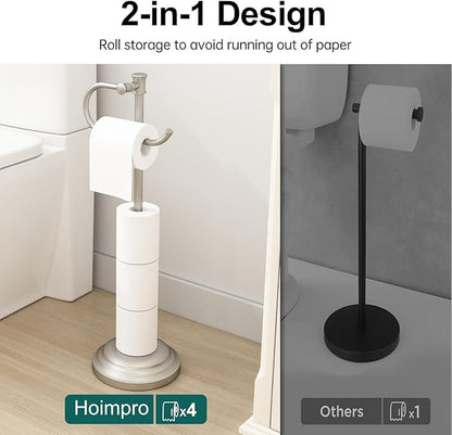 Hoimpro 25" Toilet Paper Holder Free Standing, Floor Bathroom Toilet Paper Tissue Roll Holder with Shelf Storage Stand for 4 Rolls, Freestanding Handle Hardware Accessories Rack Brushed Nickel