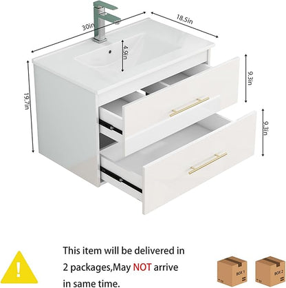 32" Wall Mounted Bathroom Vanity with Sink, High Gloss White Floating Cabinet, Modern Gold Handles, 2 Soft Close Drawers, Integrated Ceramic Top for Powder Room