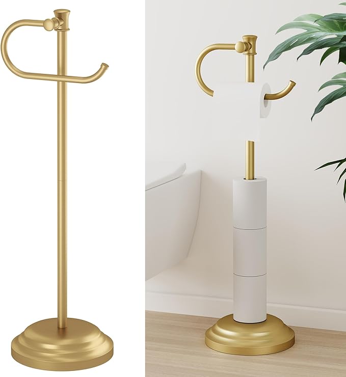 Hoimpro 25" Toilet Paper Roll Tissue Holder Free Standing with Shelf Storage Stand for 4 Rolls, Freestanding Hardware Accessories Rack Brushed Gold