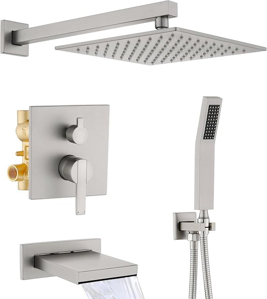Shower System with Tub Spout, All Metal Bathtub Shower Faucet Set with High Pressure 10 Inch Rain Shower Head and Handheld Shower Head Set, Brushed Nickel (Valve Include)
