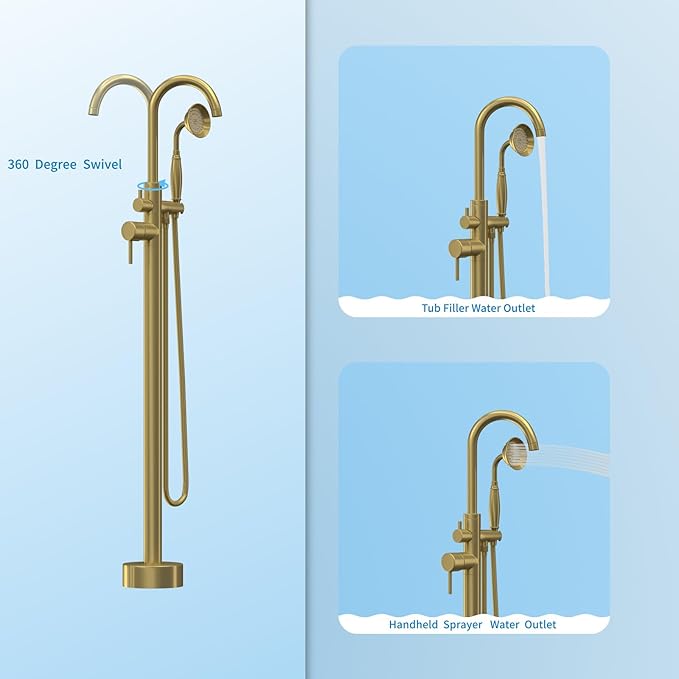 Freestanding Tub Filler Brushed Gold Floor Mount Bathtub Faucet Bathroom,Rough-in Valve 2 Function Handshower for Tub Rinsing Bathing,Anti-Wobble Base,Telephone-Shape Handheld