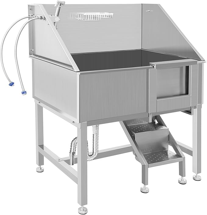 38" Dog Washing Station Large Dogs Grooming Tub Professional Stainless Steel Dog Bathtubs Bathing Tub Pet Washing Station for Home with Steps,R-Door
