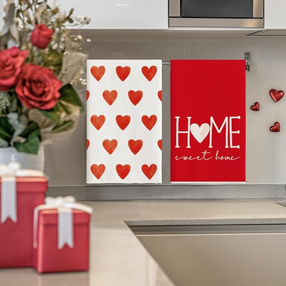 Artoid Mode Red Heart Love Valentine's Kitchen Towels Dish Towels, 18x26 Inch Farmhouse Anniversary Wedding Decoration Hand Towels Set of 4