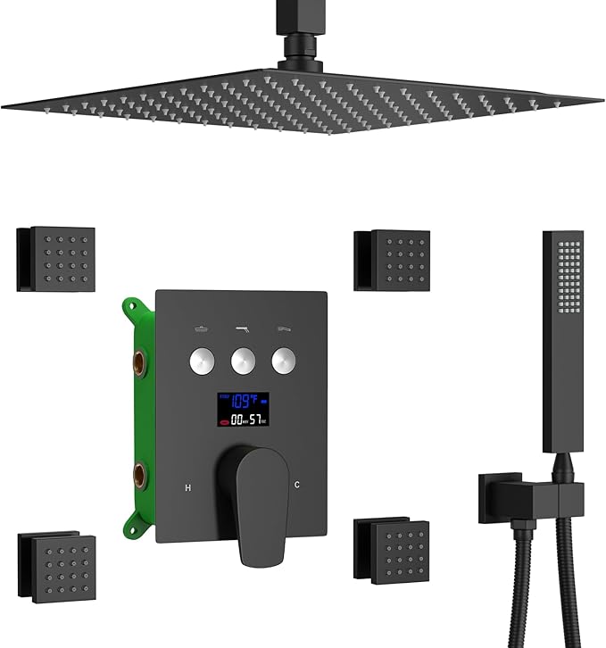 Temperature Display Shower Faucet Set Matte Black Shower System with 12" Ceiling Shower Head, Handheld Spray and 4 Body Jet, Multi-function Push Button Shower Faucet Trim Kit
