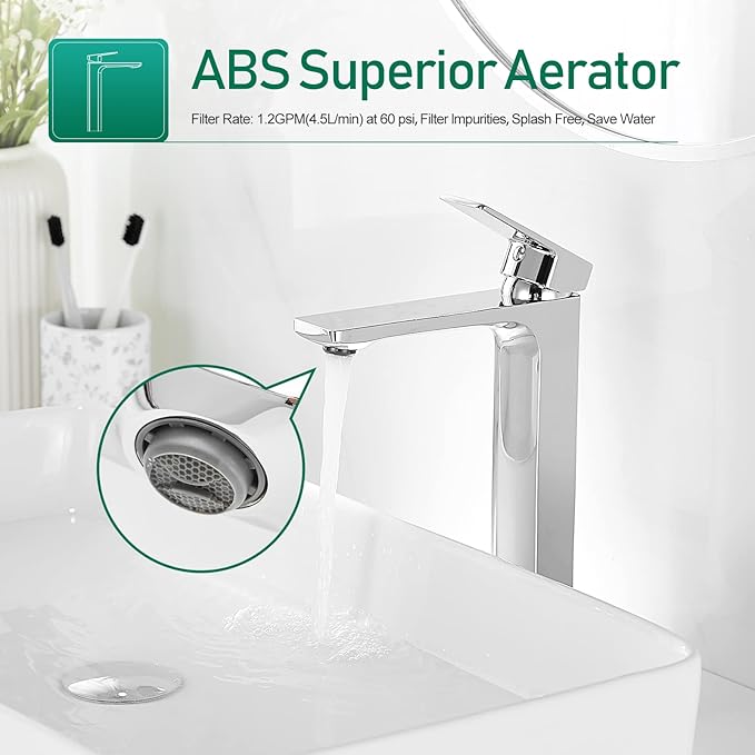 VOTON Vessel Sink Faucet Single Handle Tall Bathroom Sink Faucet Chrome Bathroom Vanity Faucet Basin Mixer Tap with Water Supply Lines and Pop Up Drain,Solid Brass