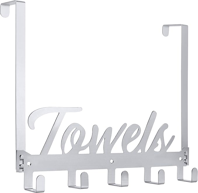 Over The Door Hooks, Towel Hook Towel Holder Over Door Towel Hanger Door Hanger with 5 Coat Hooks Towel Rack for Bathroom Bedroom Kitchen, Chrome