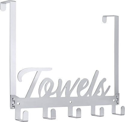 Over The Door Hooks, Towel Hook Towel Holder Over Door Towel Hanger Door Hanger with 5 Coat Hooks Towel Rack for Bathroom Bedroom Kitchen, Chrome