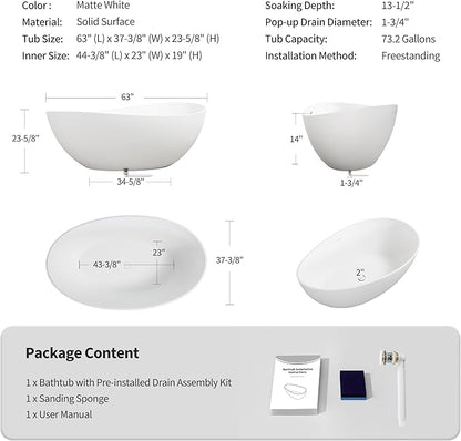 Abruzzo 63" Matte White Freestanding Solid Surface Bathtub - Stone Resin Soaking Tub, cUPC Certified