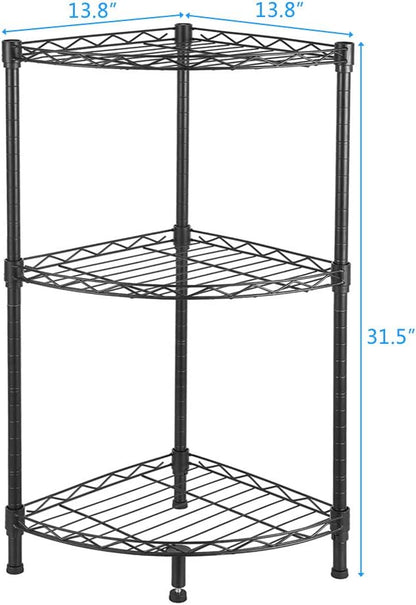 3 Tier Storage Racks Shelving, Heavy Steel Pantry Shelves, Adjustable Wire Shelving Rack Corner, Suitable for Garage, Kitchens, Bathroom, Offices, 13.8" W x 13.8" D x 32" H, Black