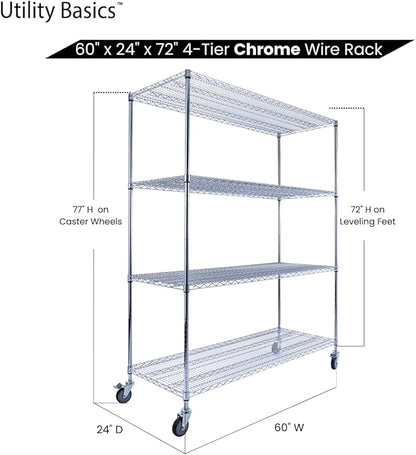 NSF Commercial 4-Tier Wire Shelving with Wheels, 60"x24"x72" Heavy Duty Metal Shelves 3200 lbs Max Capacity, Chrome Storage Rack for Garage Kitchen Pantry Warehouse