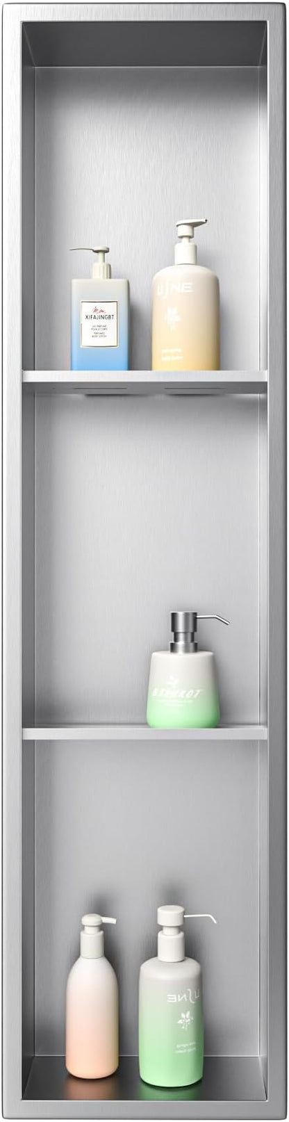 Stainless Steel Shower Niche 8"×36" with 3-Tier Shelves Brushed No Tiled Needed Niche Shower for Bathroom Wall Recessed Shower Shelf for Storage