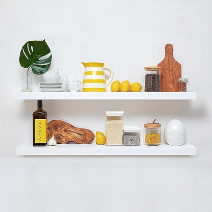 Homeforia White Floating Shelves 42 inch, High End Solid Real Wood 42inch Floating Shelf for Wall Mounted, White Wooden 42in Long Floating Shelves, Heavy Duty Bracket, 42 X 6.5 X 1.75 inches, Set of 3