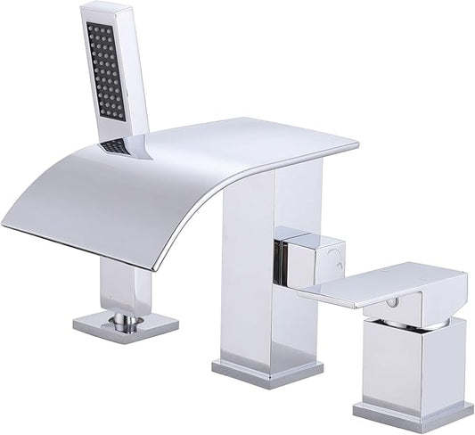 Waterfall Roman Tub Faucet with Hand Shower, Deck Mount Tub Filler Bathtub Faucet with Sprayer, Single Handle Bathtub Faucet Set, Brass Widespread 3 Hole Bathtub Shower Faucet Set, Chrome