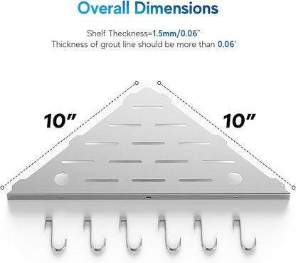 Corner Shower Shelves, 10" Silver 304 Stainless Steel Recessed Shelf for Bathroom，Grout in Shelf with Hooks for Tiled Wall 2 Pack (Silver)