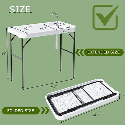 Folding Fish Cleaning Table with Sink, Portable Camping Sink Table with Measure Mark, Drainage Hose and Knife Groove, Outdoor Fish Fillet Cleaning Station for Picnic Fishing, White