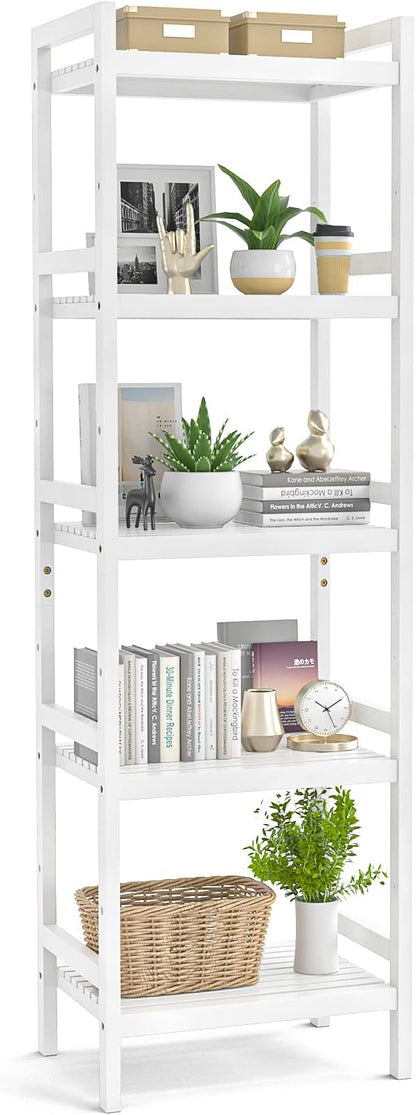 Homykic Bamboo Bookshelf, 5-Tier Narrow 55.9” Adjustable Book Shelf Bookcase Bathroom Shelves Freestanding Storage Stand for Living Room, Bedroom, Kitchen, Rust Resistance, Easy Assembly, White