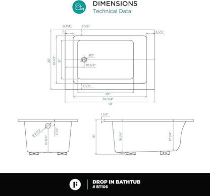 Fine Fixtures Drop In White Soaking Bathtub, Fiberglass Acrylic Material, 48"L x 32"W x 19"H